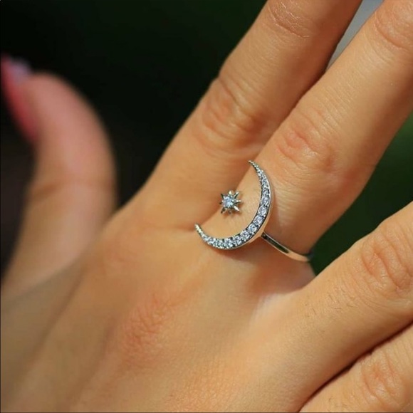 ADJUSTABLE 925 SILVER DIAMOND STAR MOON RING - Picture 6 of 8